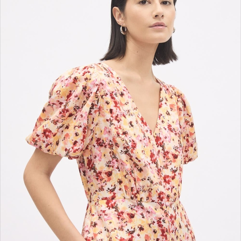 NWT Rw&Co Floral Puff Sleeve Midi Dress Summer Cottage Tradwife Brunch Feminine